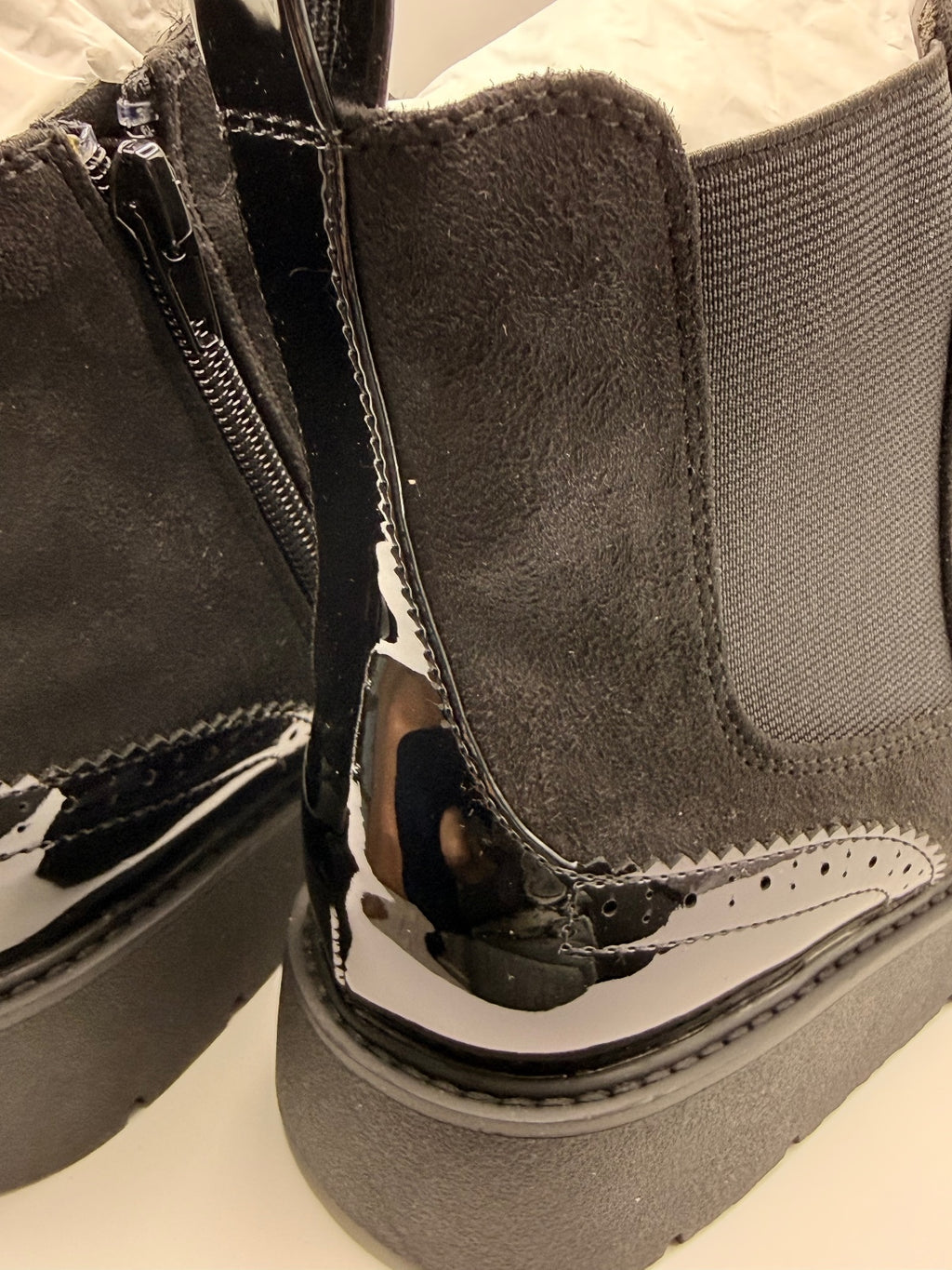 Black Suede Effect and Patent Chelsea Ankle Boots