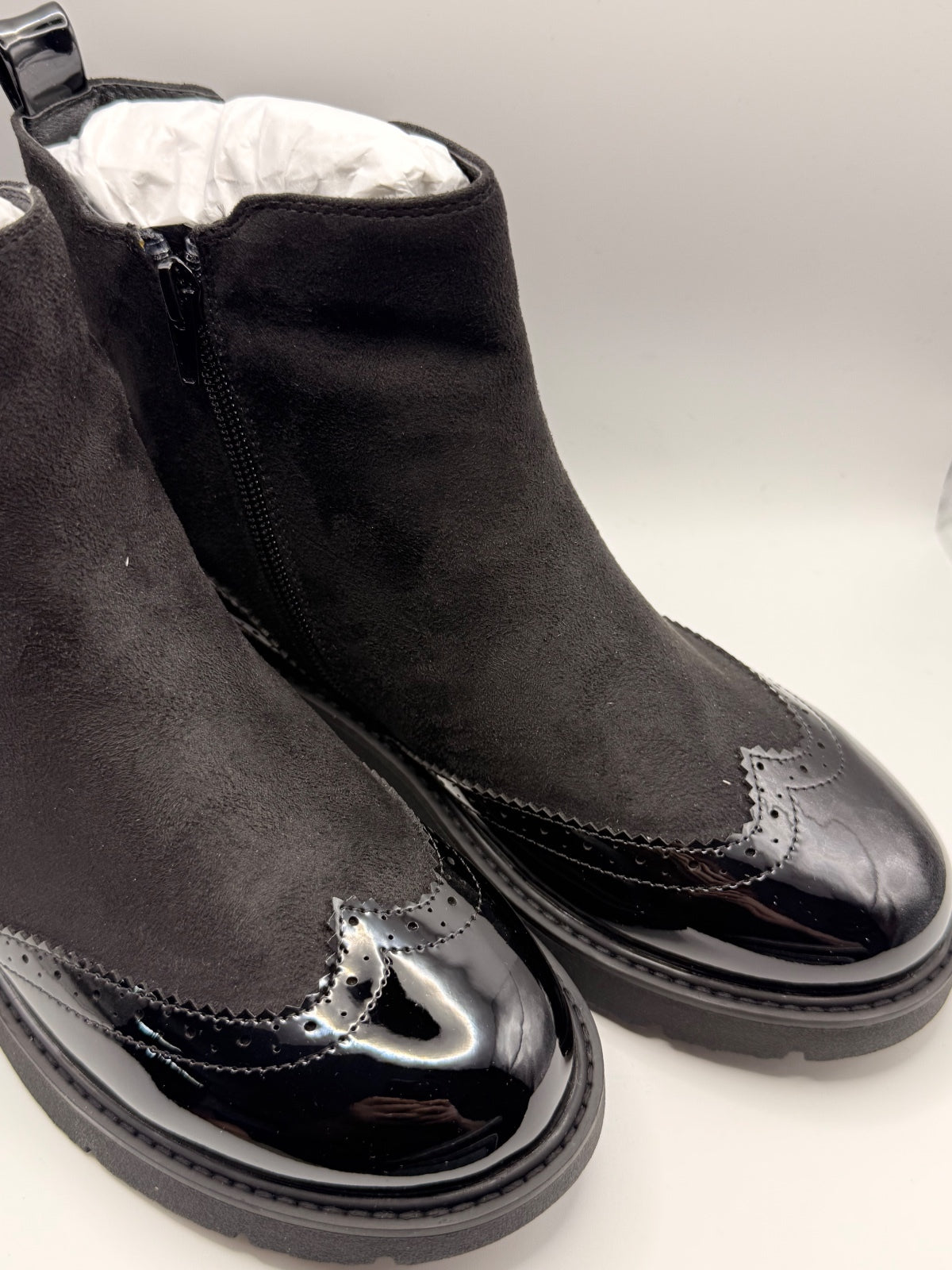 Black Suede Effect and Patent Chelsea Ankle Boots