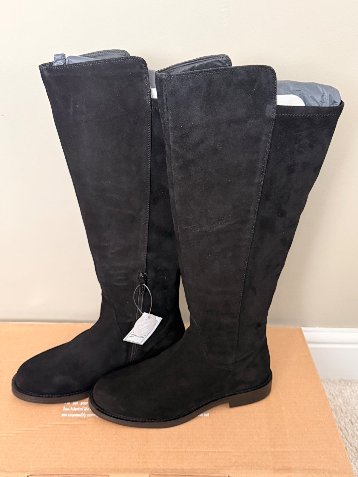 Black Knee-High Suede Effect Boots with Super Curvy Calf Width