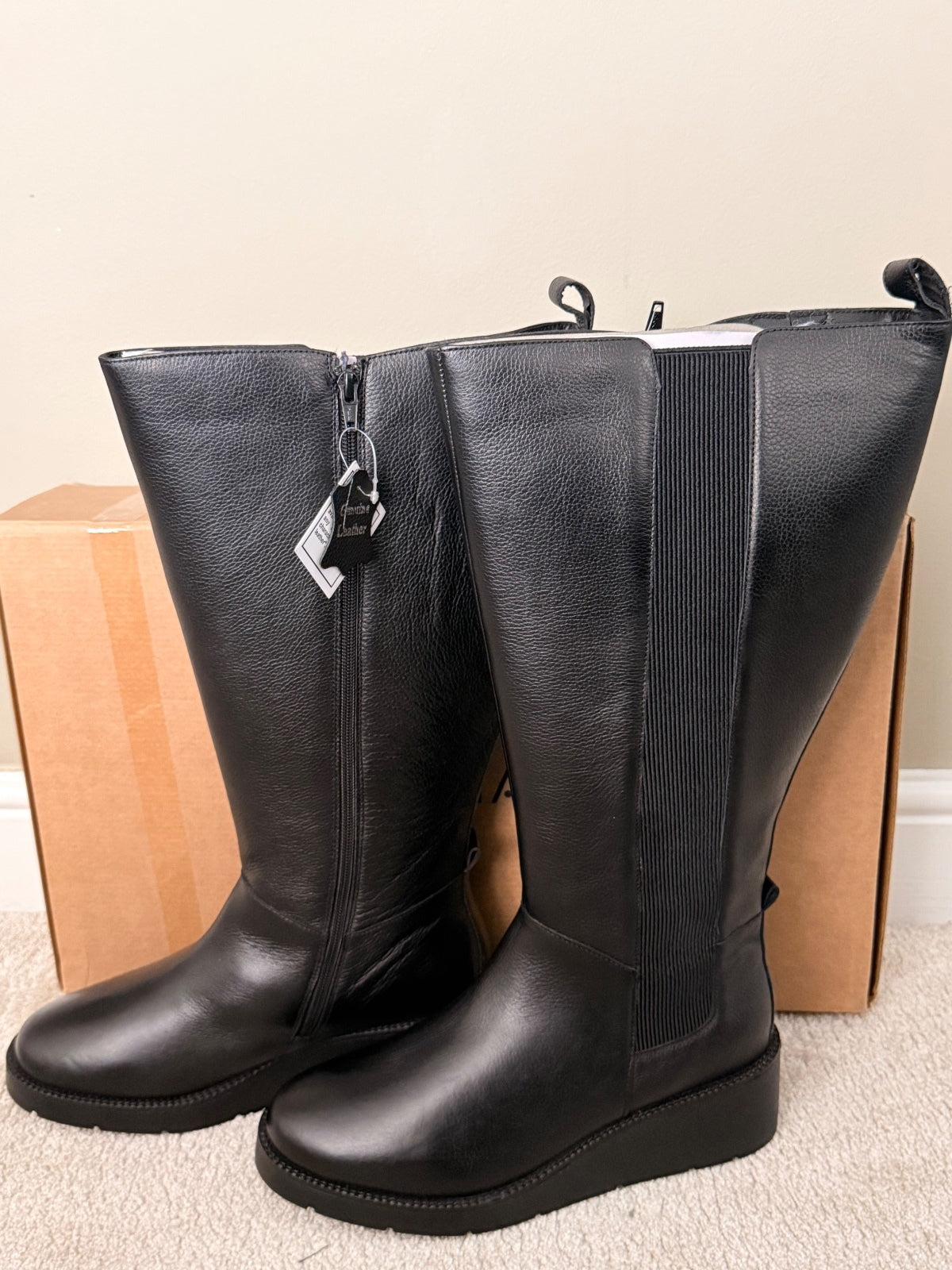 Black Genuine Leather Knee High Boots with Wedge Sole