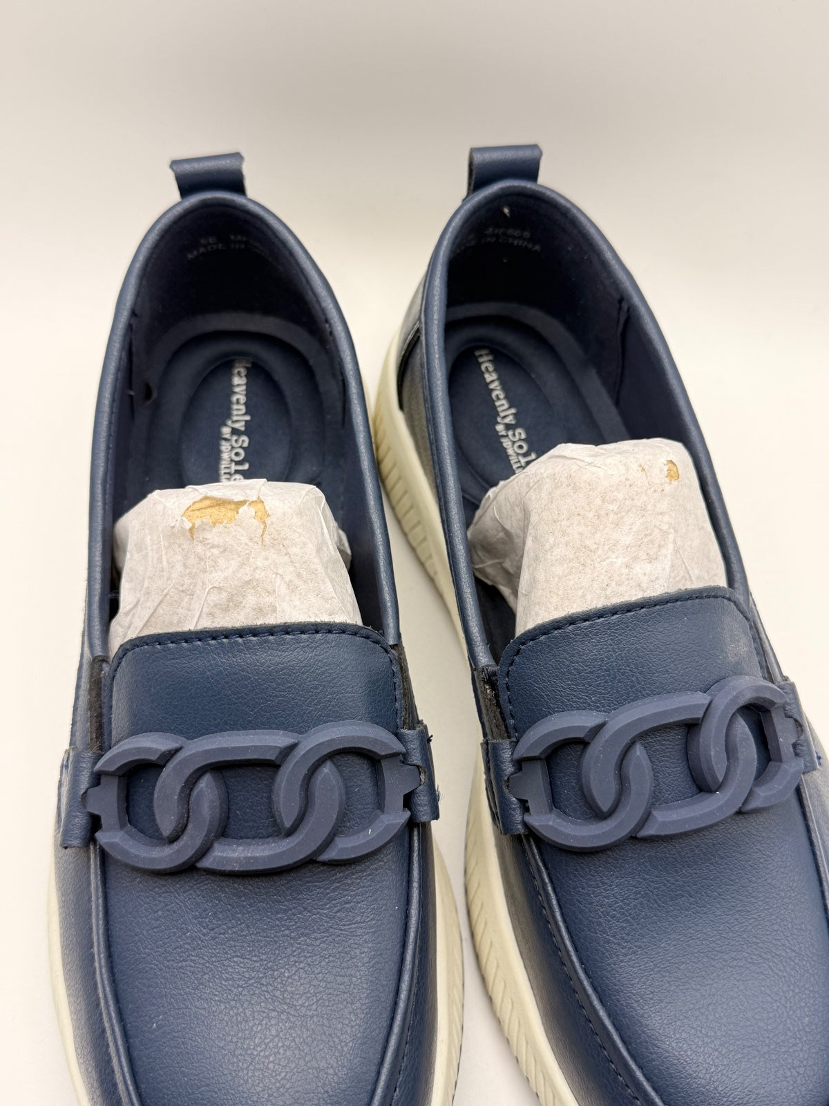 Real Leather Navy Blue Casual Slip-On Loafers with Chain Detail