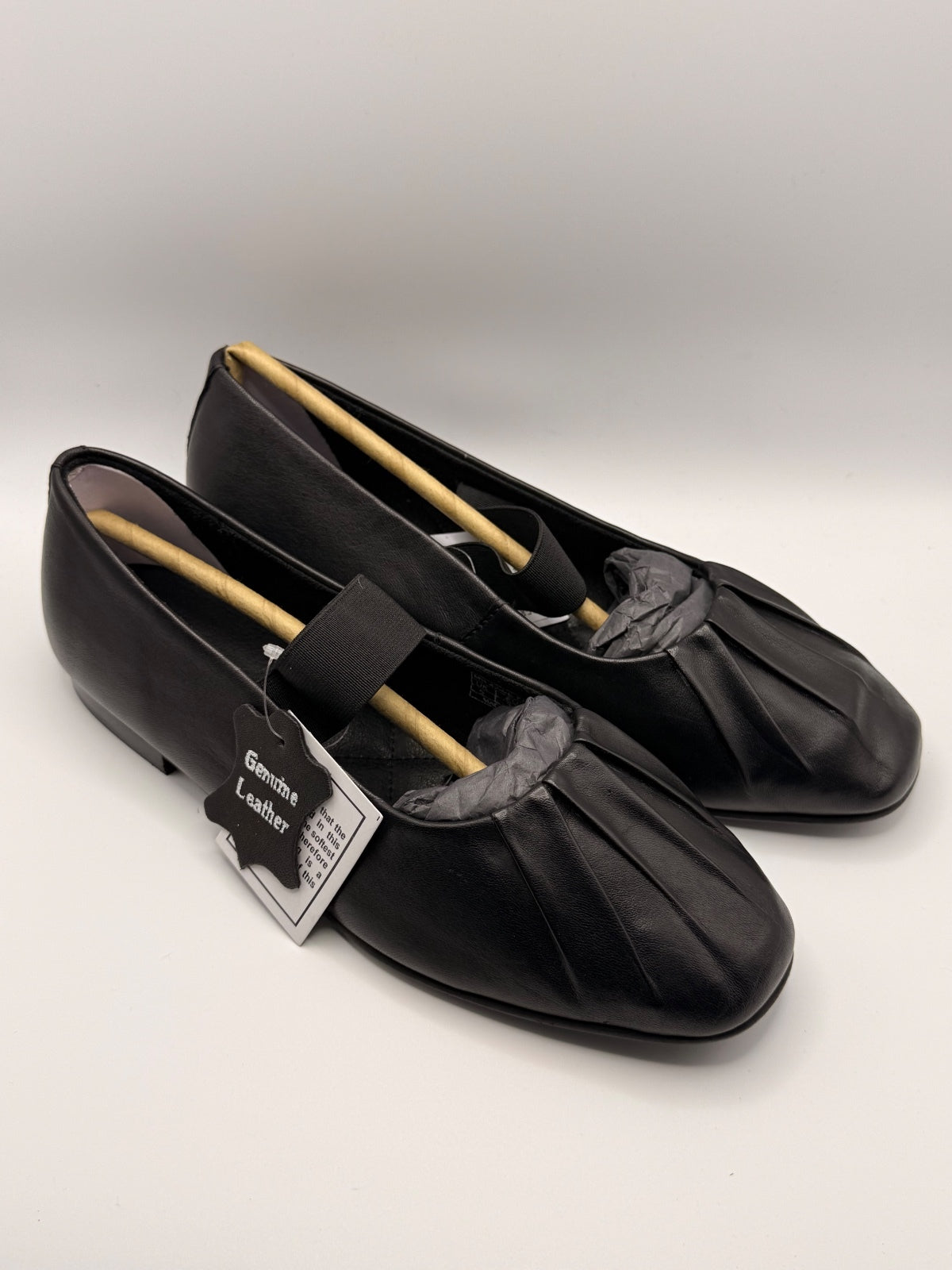 Black Genuine Leather Flat Shoes with Elastic Strap