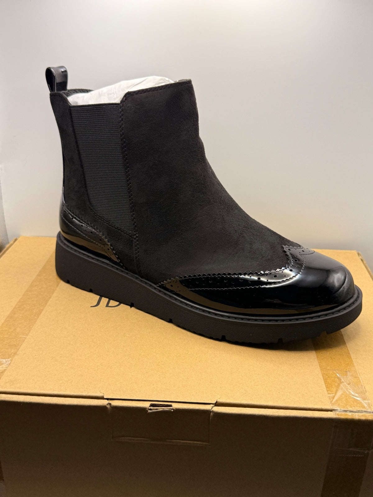 Black Suede Effect and Patent Chelsea Ankle Boots