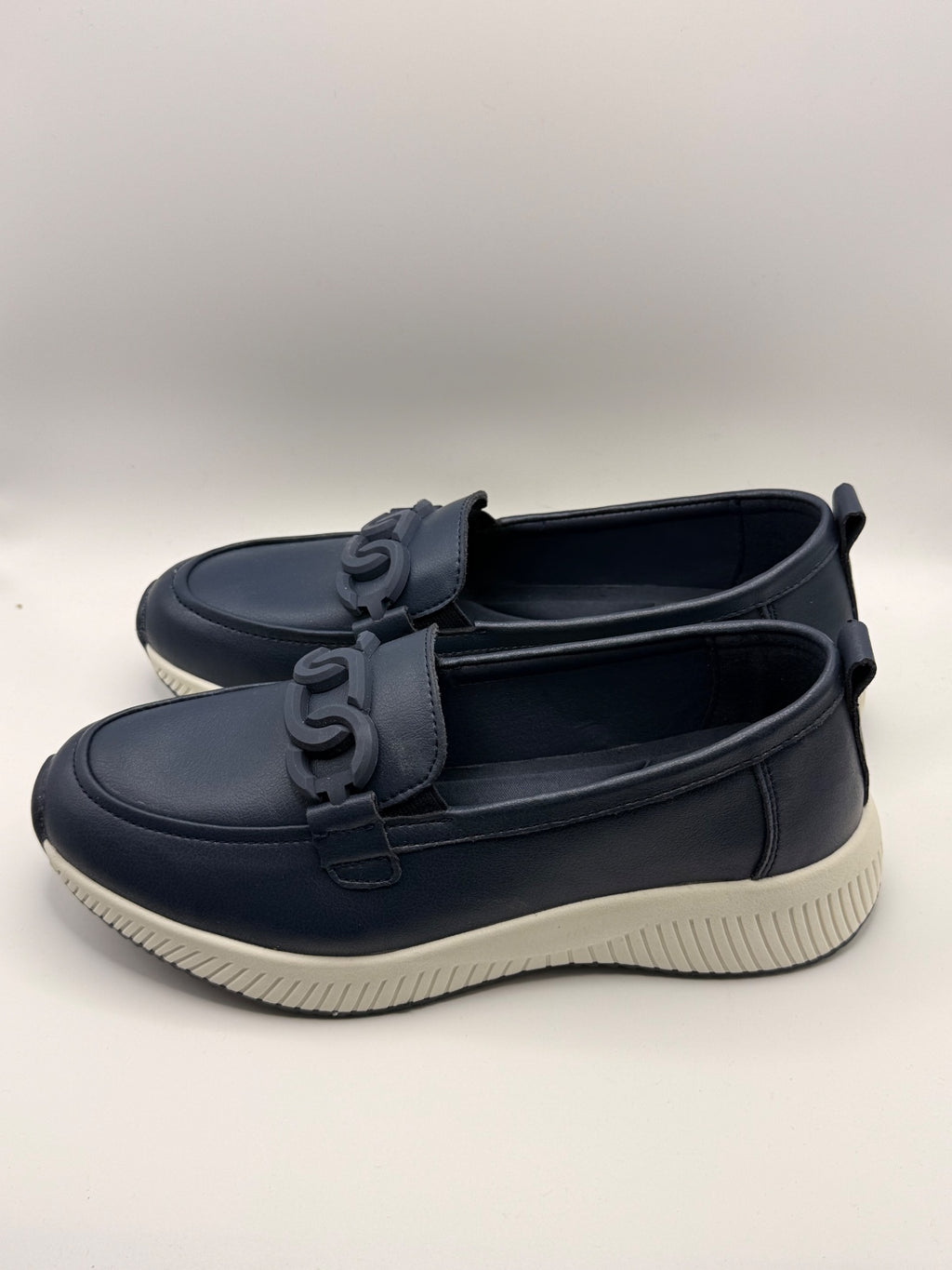 Real Leather Navy Blue Casual Slip-On Loafers with Chain Detail