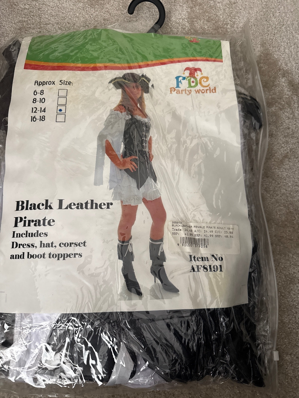 Black Leather Style Pirate Costume Dress with Hat, Corset and Boot Toppers Size