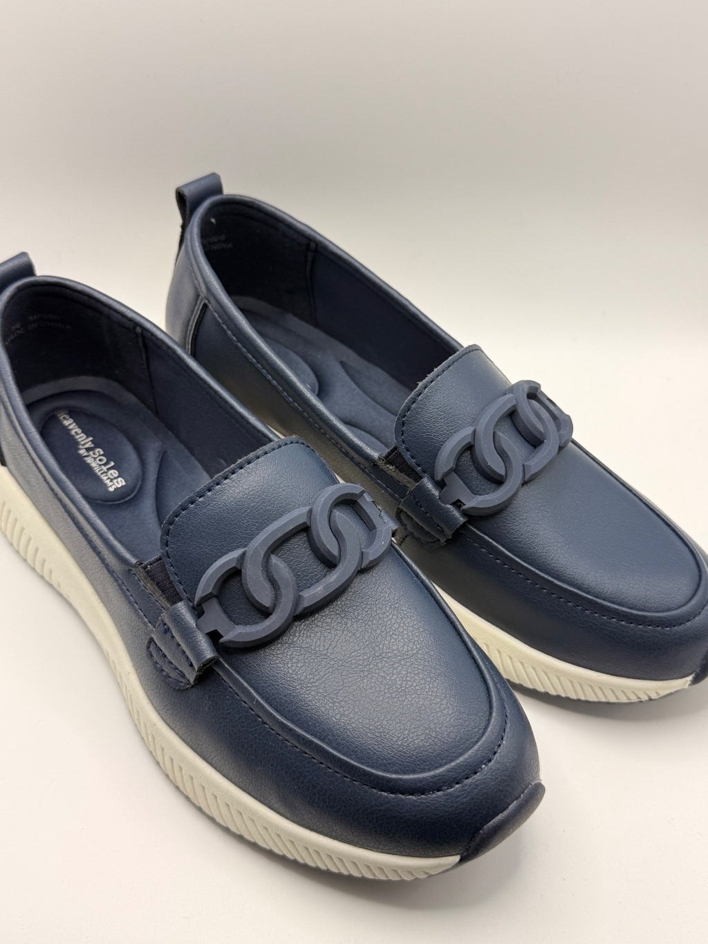 Real Leather Navy Blue Casual Slip-On Loafers with Chain Detail