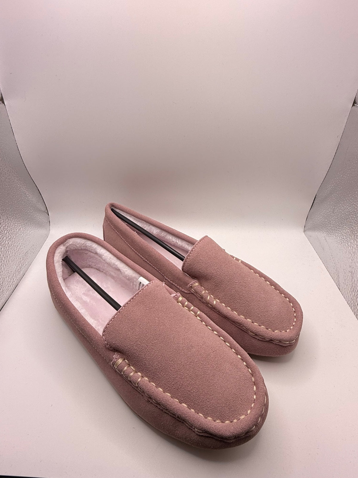 Pink Leather Upper Suede Effect Slip-On Moccasin Style Slippers UK Size 6