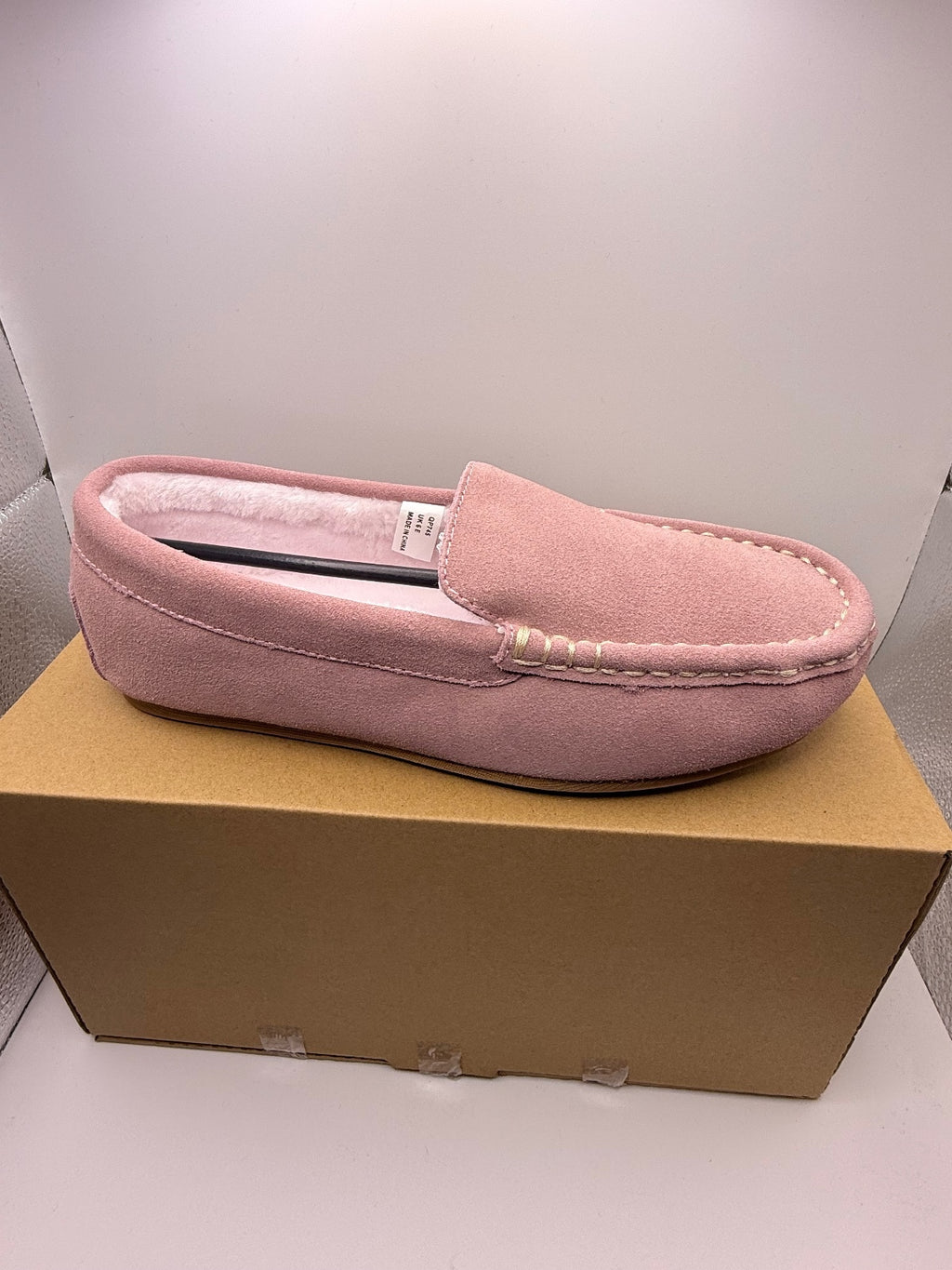 Pink Leather Upper Suede Effect Slip-On Moccasin Style Slippers UK Size 6
