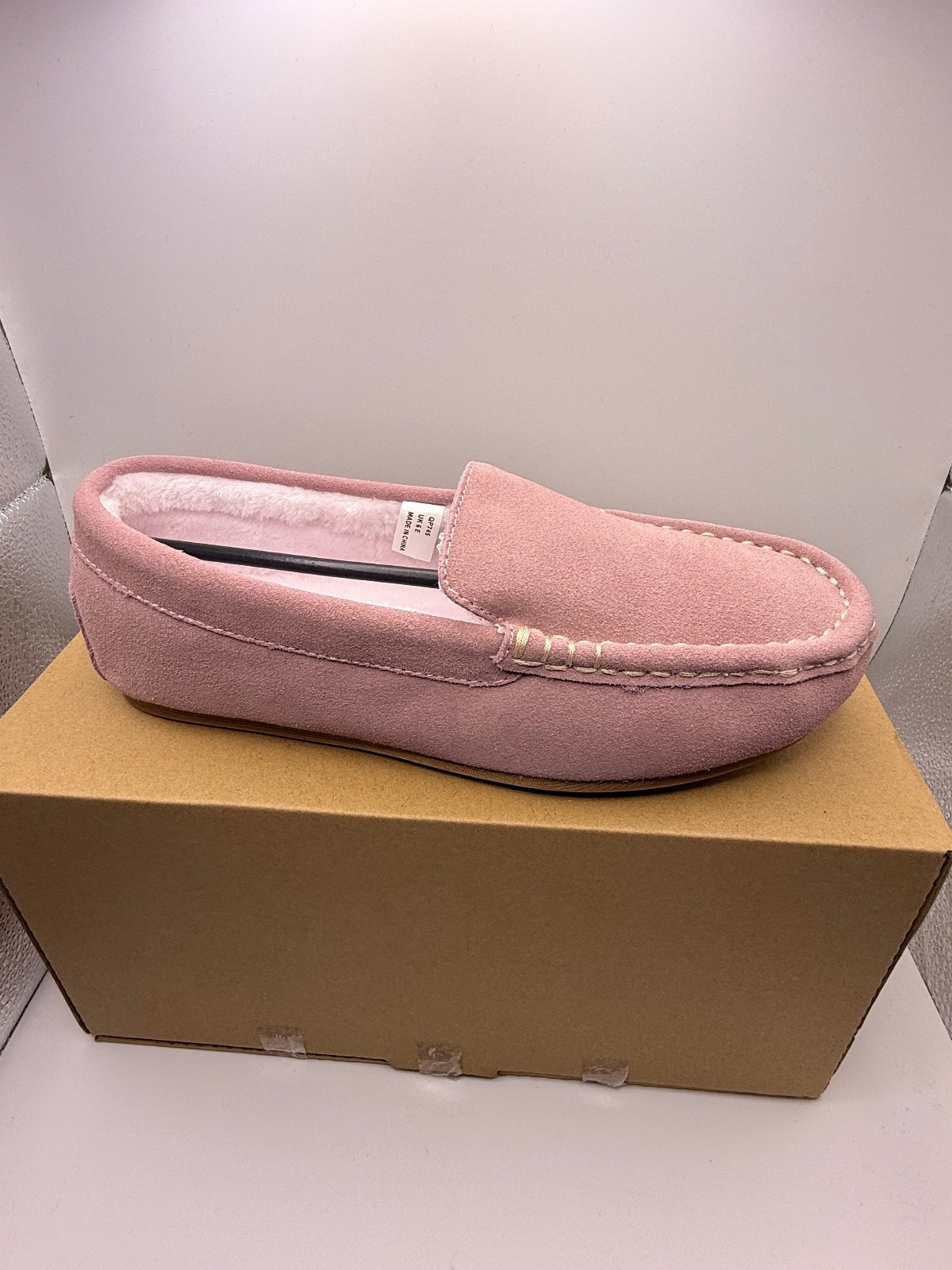 Pink Leather Upper Suede Effect Slip-On Moccasin Style Slippers UK Size 6