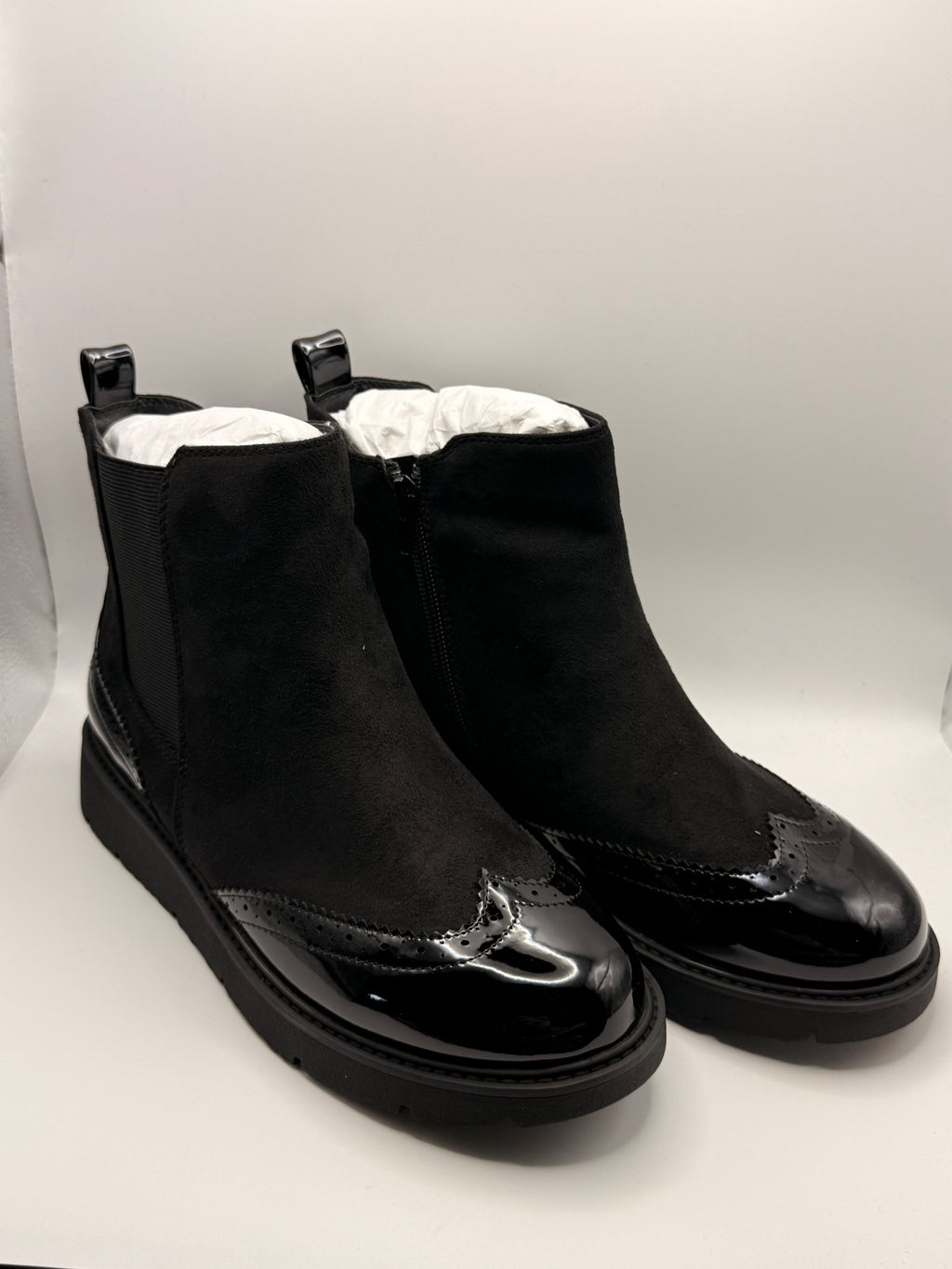 Black Suede Effect and Patent Chelsea Ankle Boots