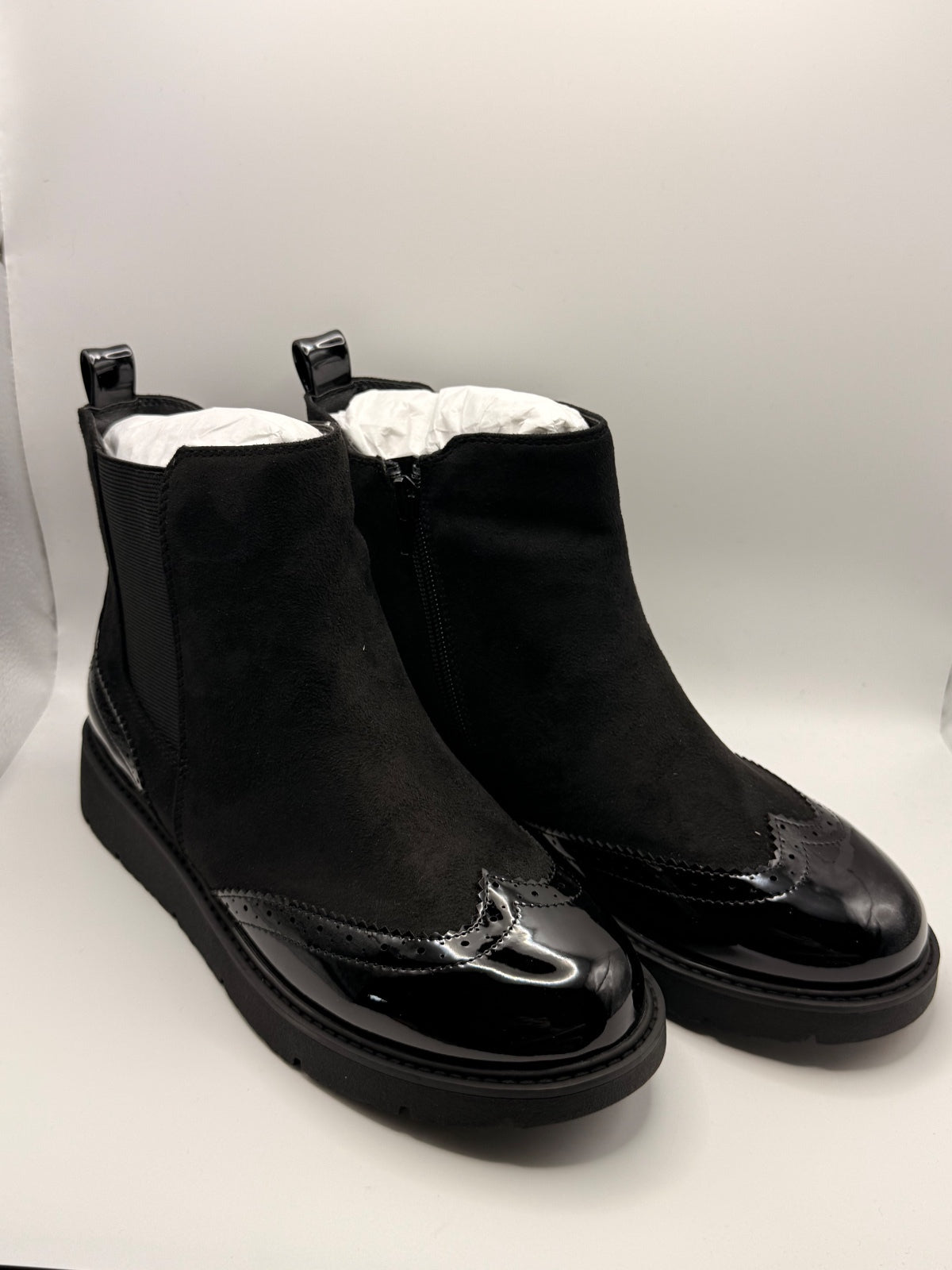 Black Suede Effect and Patent Chelsea Ankle Boots