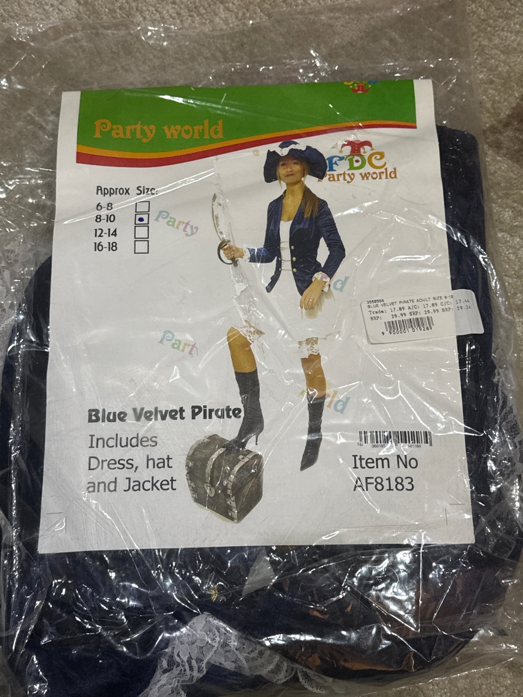 Blue Velvet Pirate Costume Dress with Hat and Jacket - Size 8-10