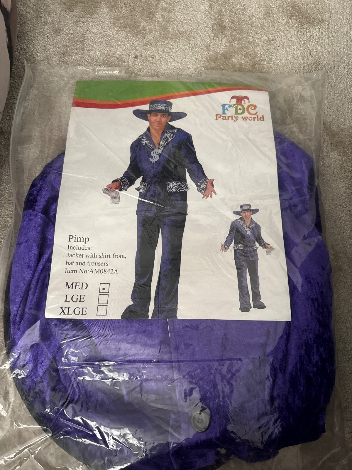 Purple Pimp Costume Set with Jacket, Shirt Front, Hat and Trousers Medium