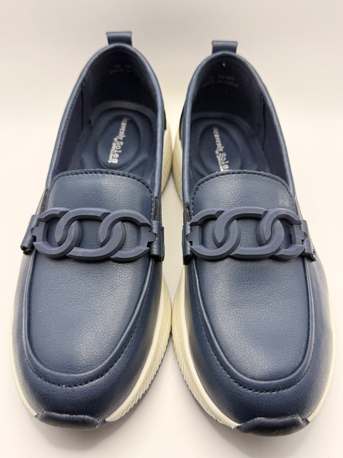 Real Leather Navy Blue Casual Slip-On Loafers with Chain Detail