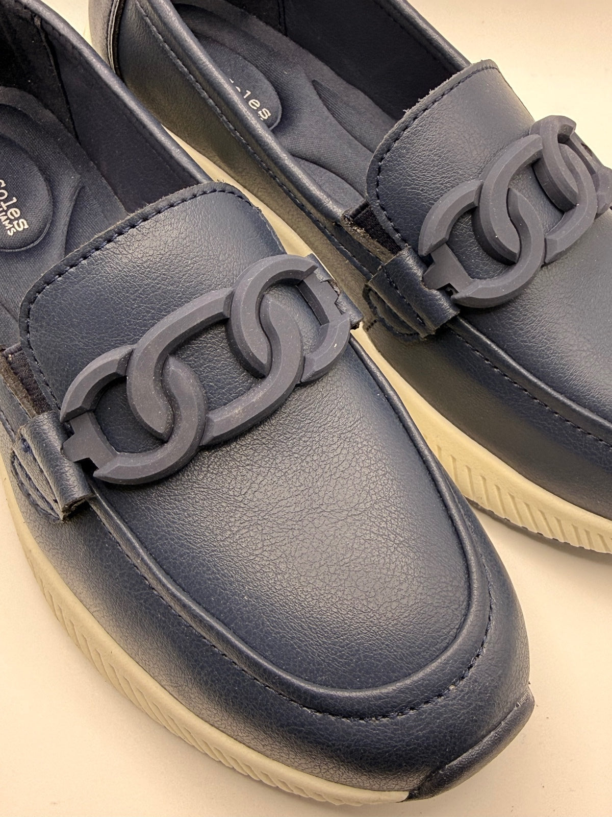 Real Leather Navy Blue Casual Slip-On Loafers with Chain Detail
