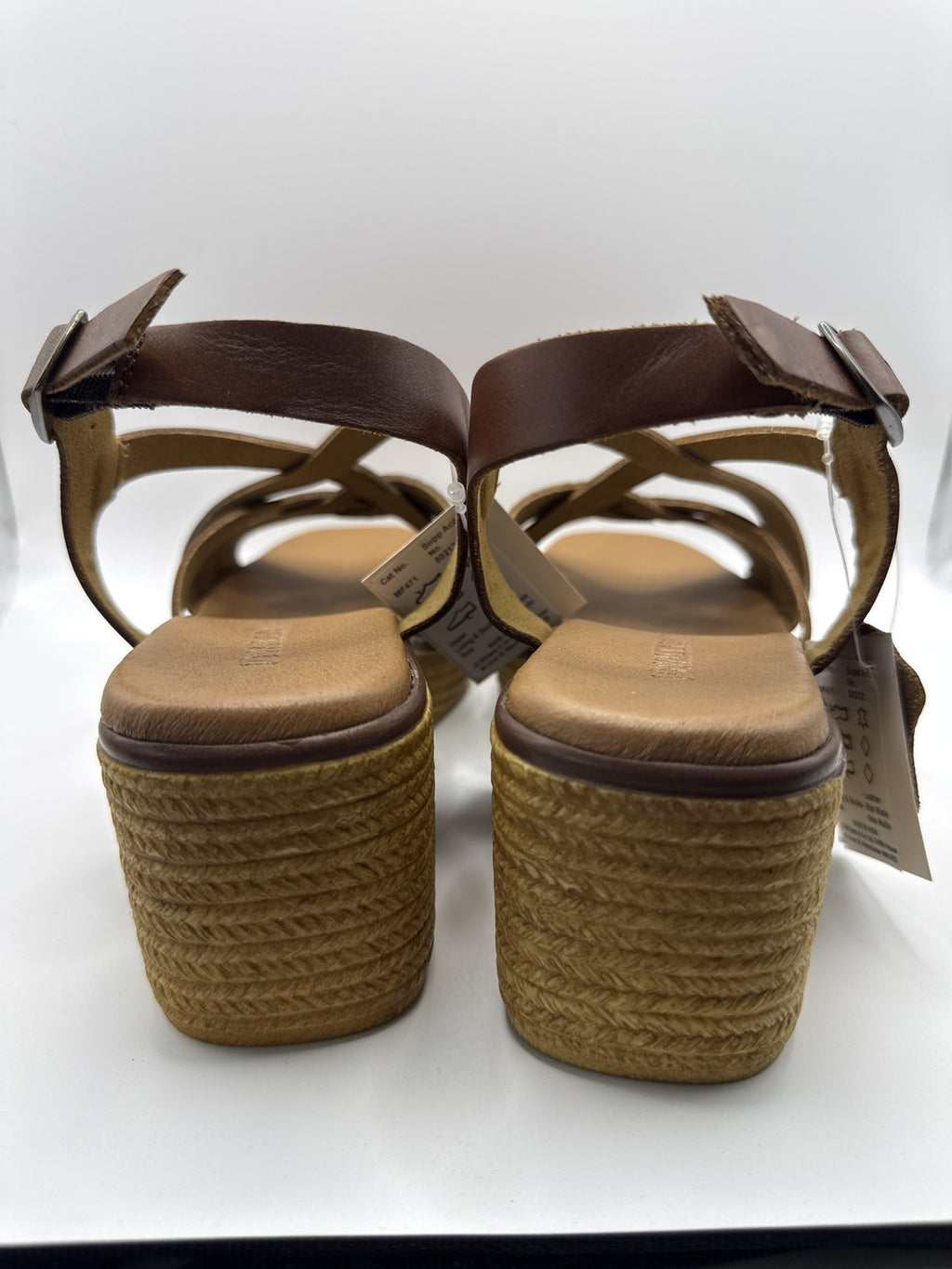 Real Leather - Women's Tan Wedge Sandals with Adjustable Buckle and Woven Detail