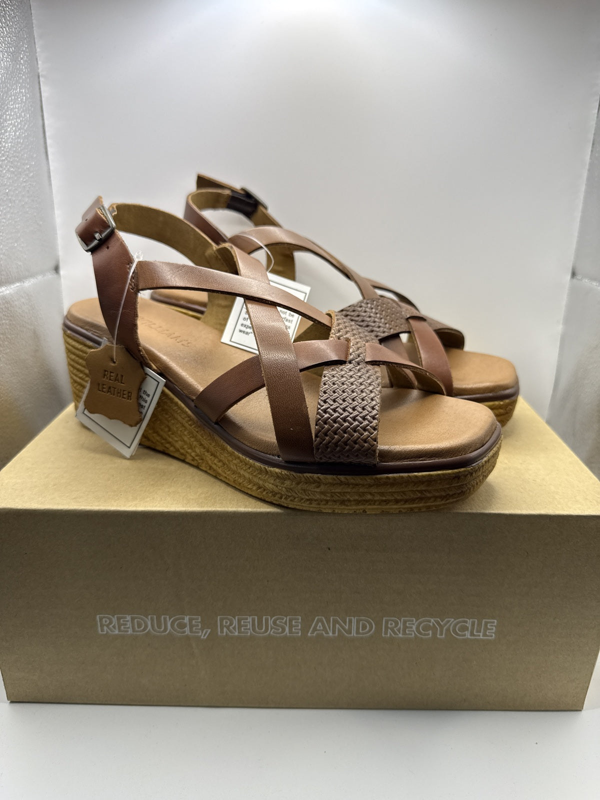 Real Leather - Women's Tan Wedge Sandals with Adjustable Buckle and Woven Detail