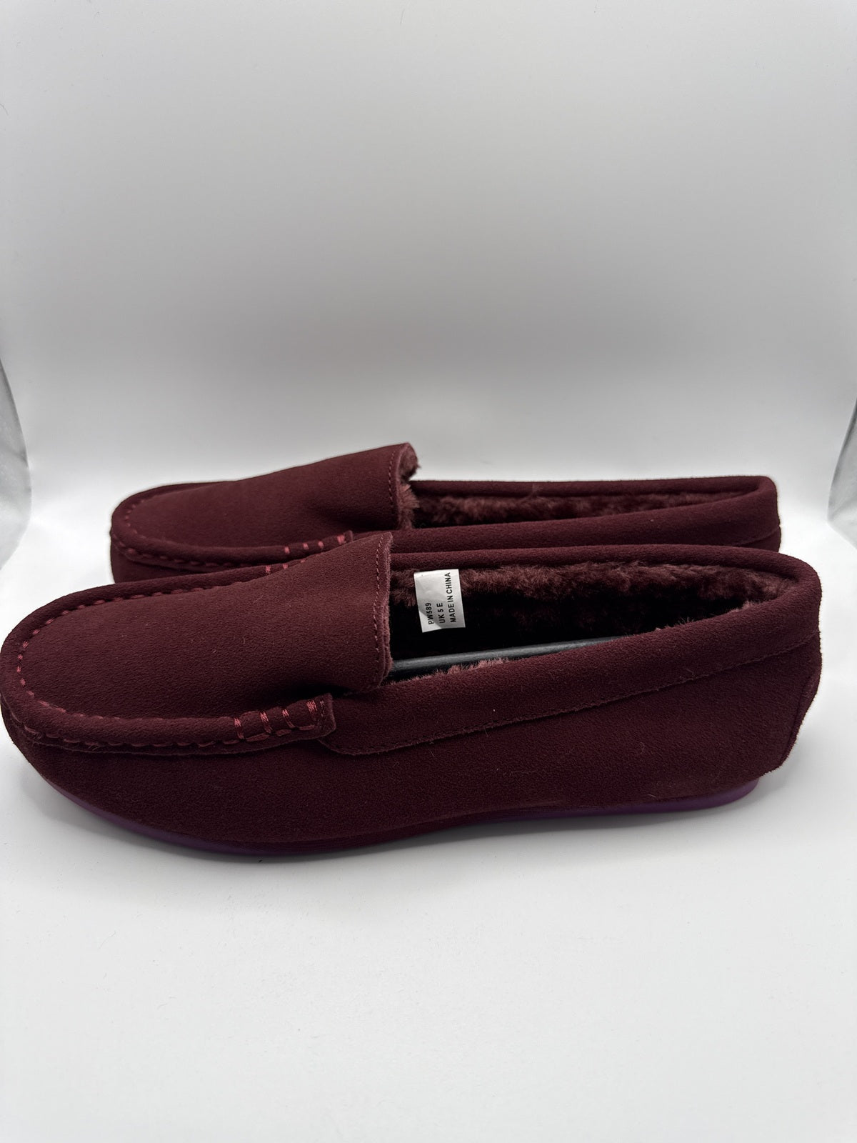 Ladies Burgundy Suede Effect Moccasin Slippers with Plush Lining Size 6