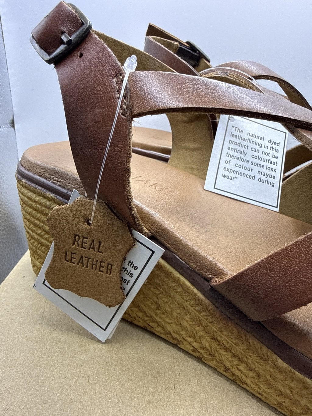 Real Leather - Women's Tan Wedge Sandals with Adjustable Buckle and Woven Detail