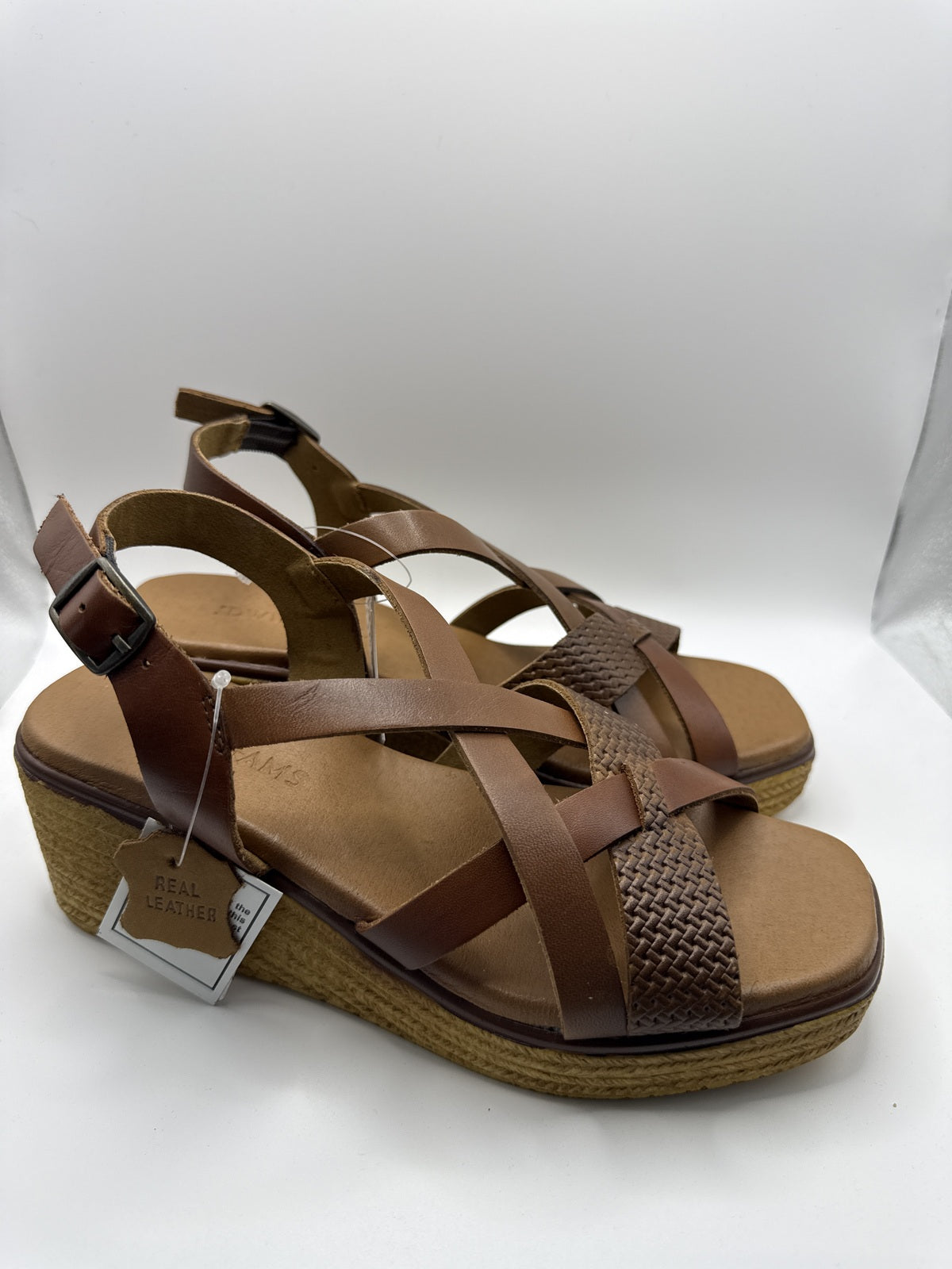 Real Leather - Women's Tan Wedge Sandals with Adjustable Buckle and Woven Detail