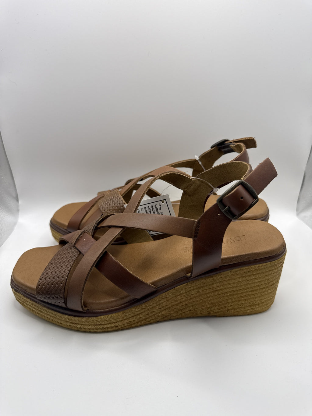 Real Leather - Women's Tan Wedge Sandals with Adjustable Buckle and Woven Detail