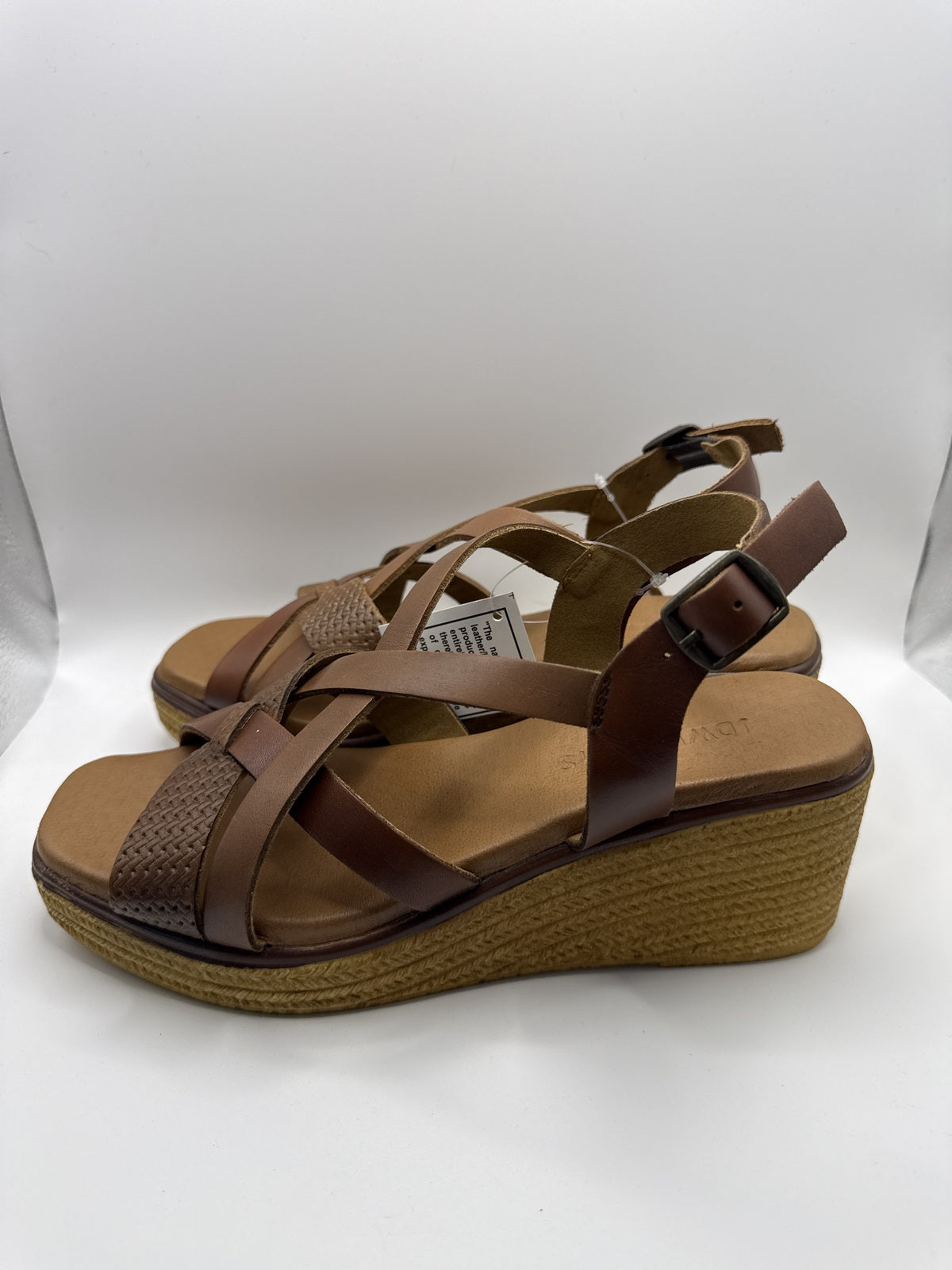 Real Leather - Women's Tan Wedge Sandals with Adjustable Buckle and Woven Detail