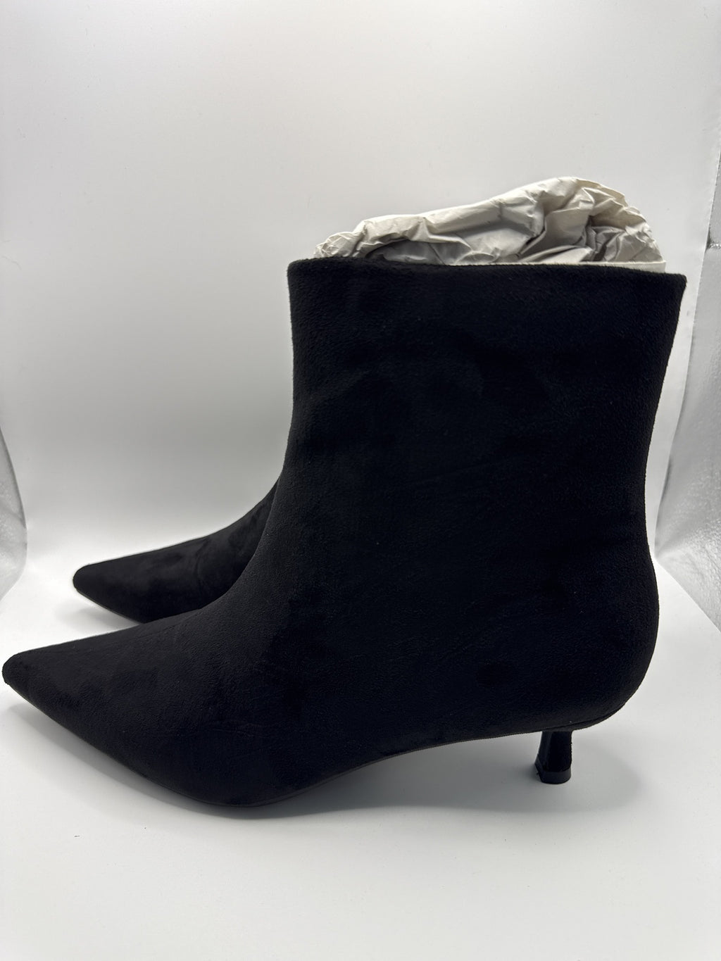 Black Pointed Toe Kitten Heel Ankle Boots Suede Effect