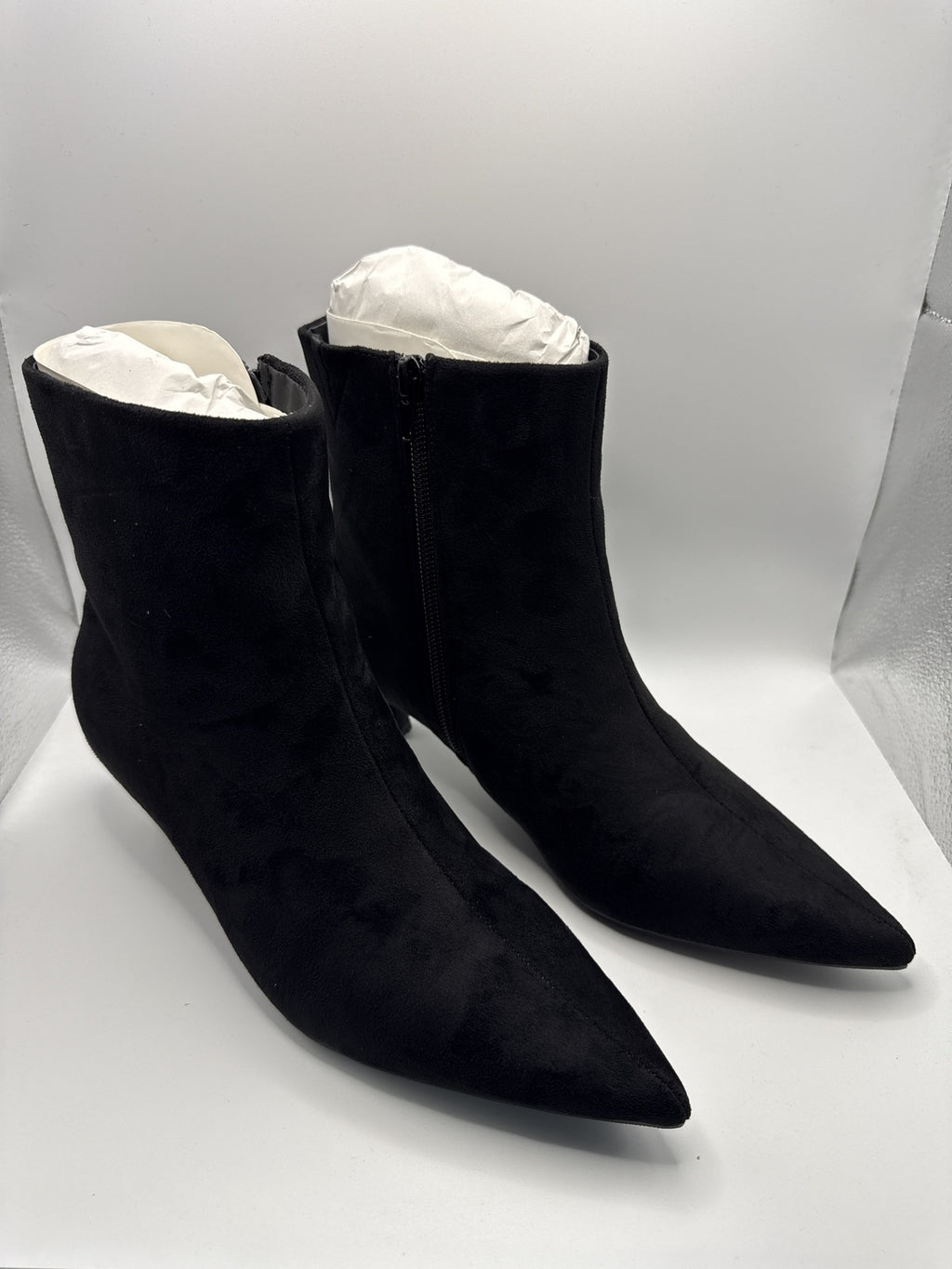 Black Pointed Toe Kitten Heel Ankle Boots Suede Effect