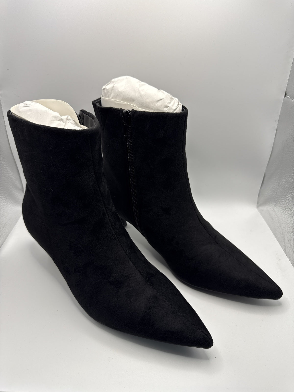 Black Pointed Toe Kitten Heel Ankle Boots Suede Effect
