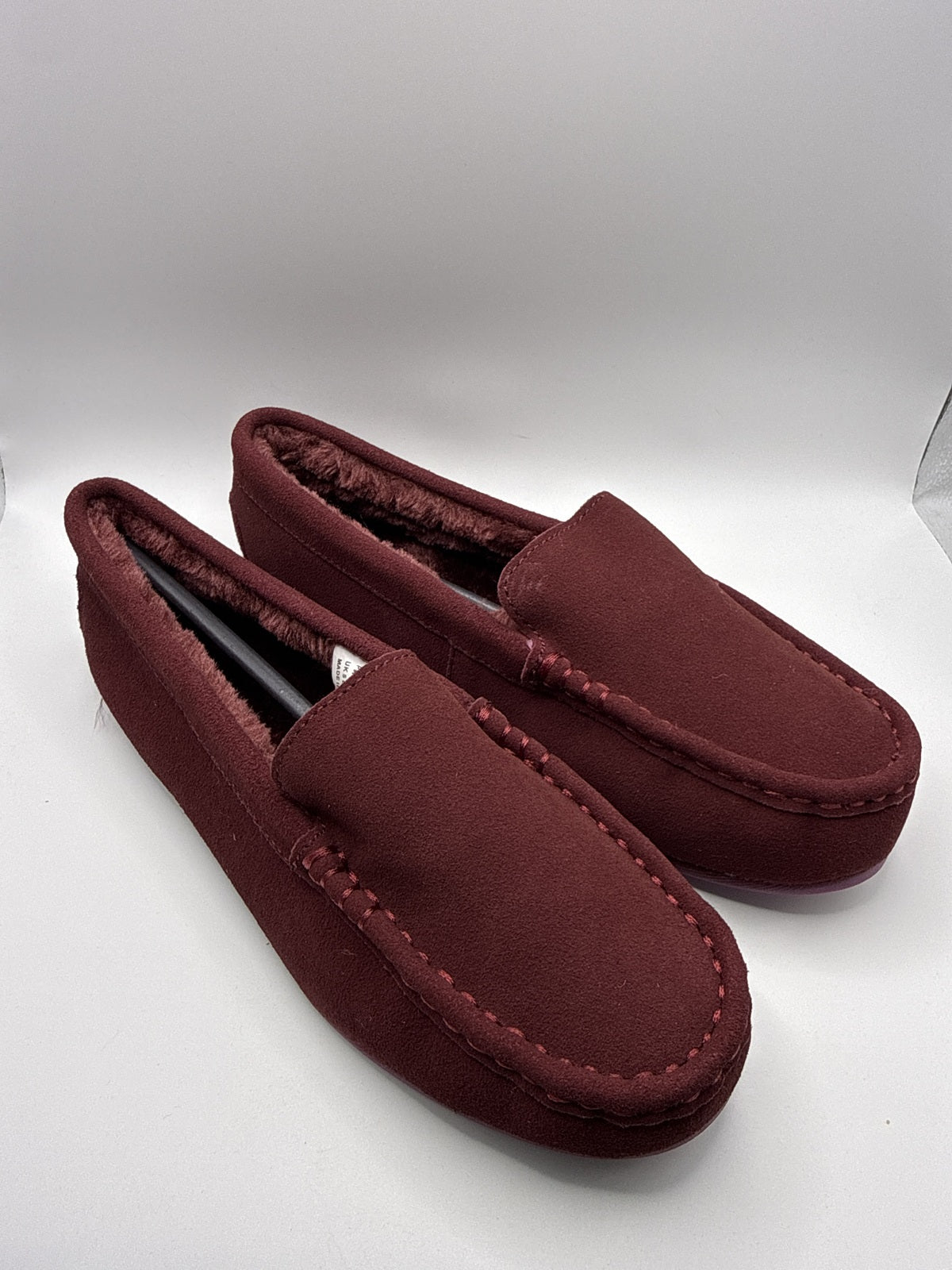 Ladies Burgundy Suede Effect Moccasin Slippers with Plush Lining Size 6