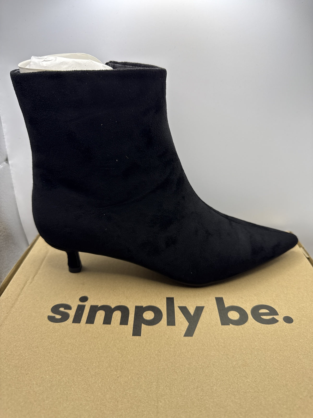 Black Pointed Toe Kitten Heel Ankle Boots Suede Effect