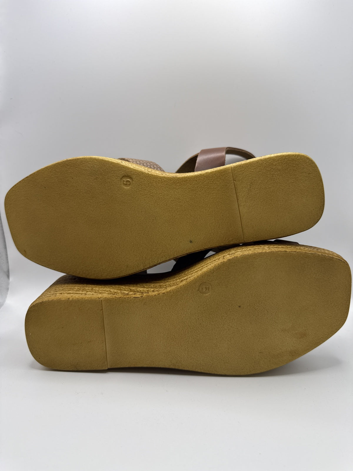 Real Leather - Women's Tan Wedge Sandals with Adjustable Buckle and Woven Detail