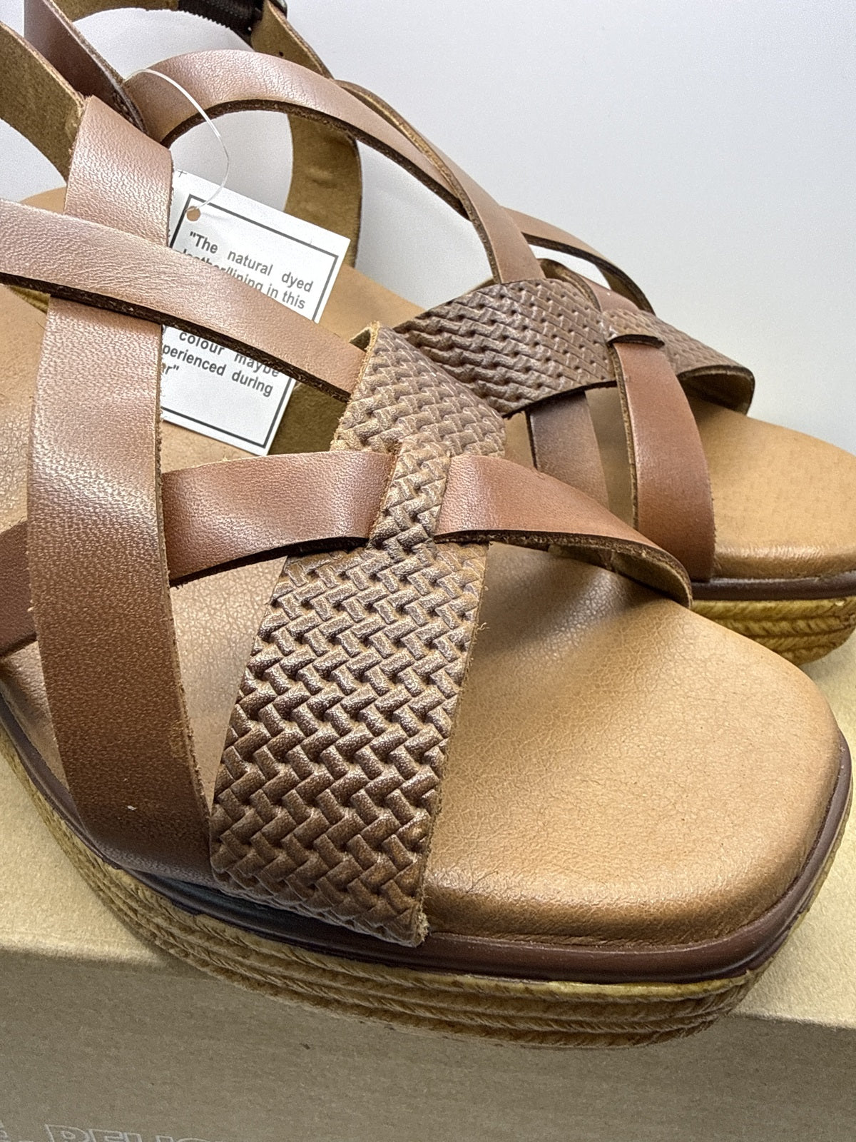 Real Leather - Women's Tan Wedge Sandals with Adjustable Buckle and Woven Detail