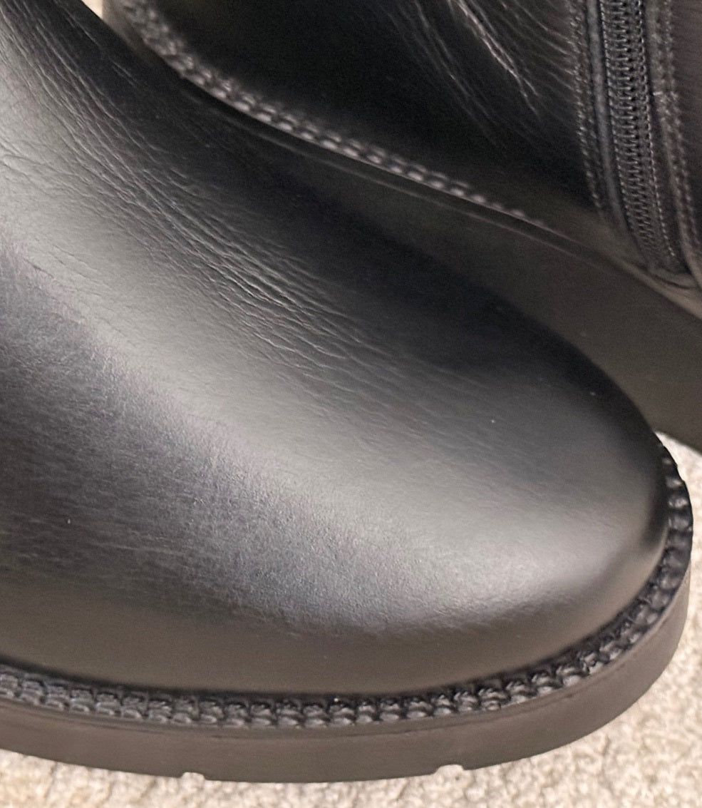 Black Genuine Leather Tall Boots with Side Zip and Elastic Panel