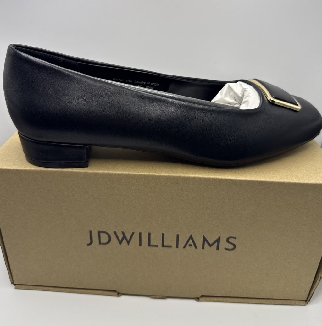 Classic Black Low Heel Court Shoes with Gold Buckle Detail
