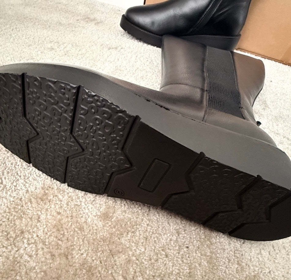 Black Genuine Leather Tall Boots with Side Zip and Elastic Panel