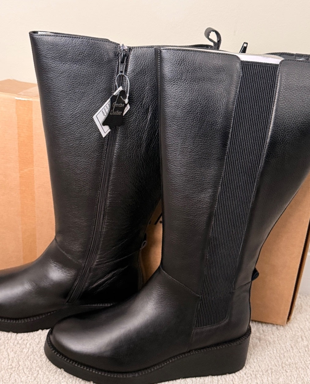 Black Genuine Leather Tall Boots with Side Zip and Elastic Panel