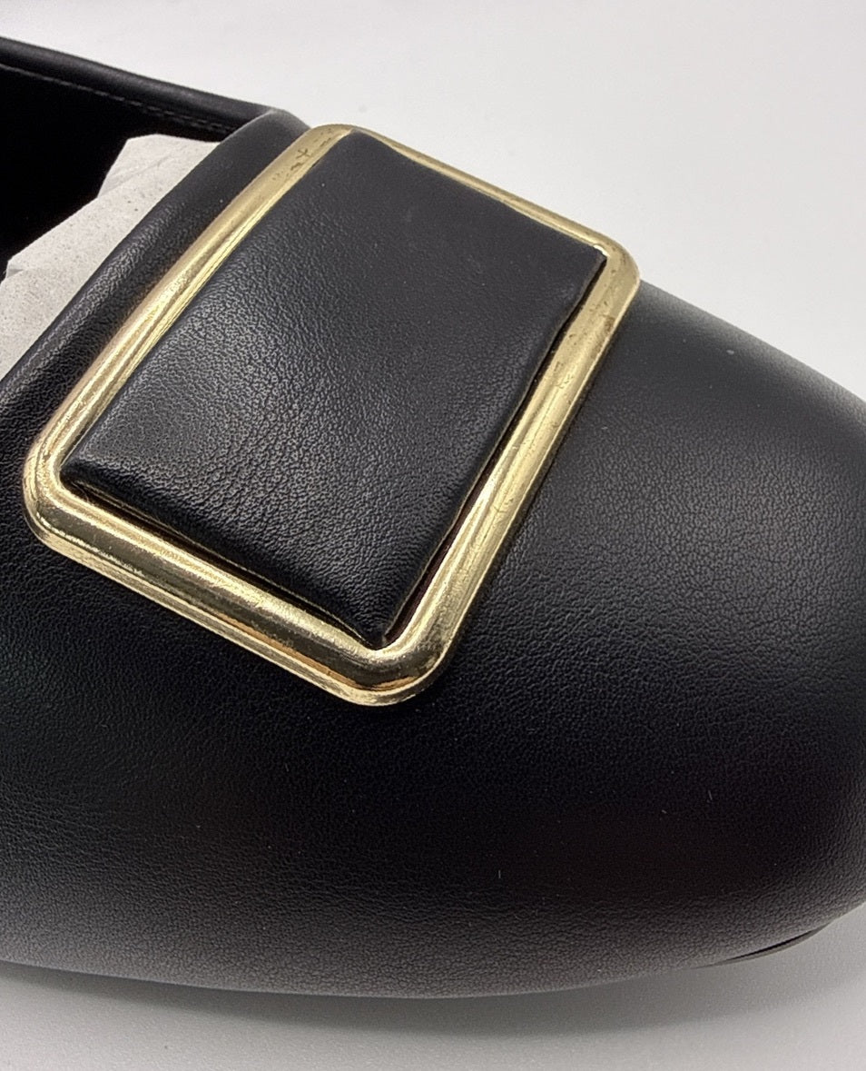 Classic Black Low Heel Court Shoes with Gold Buckle Detail